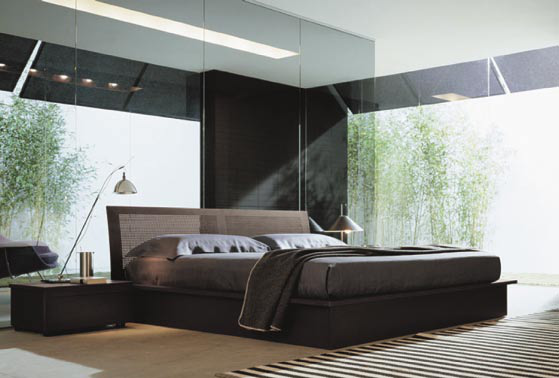 Jeriko House master bedroom — teak floor, bamboo-weave ceiling